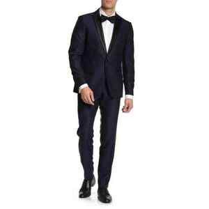 Savile Row Co Addison Satin Peak Lapel Slim Fit 2pc Tuxedo Navy Check 40L 34W